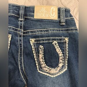 Girls' Dark Blue Embroidered Pocket Jeans